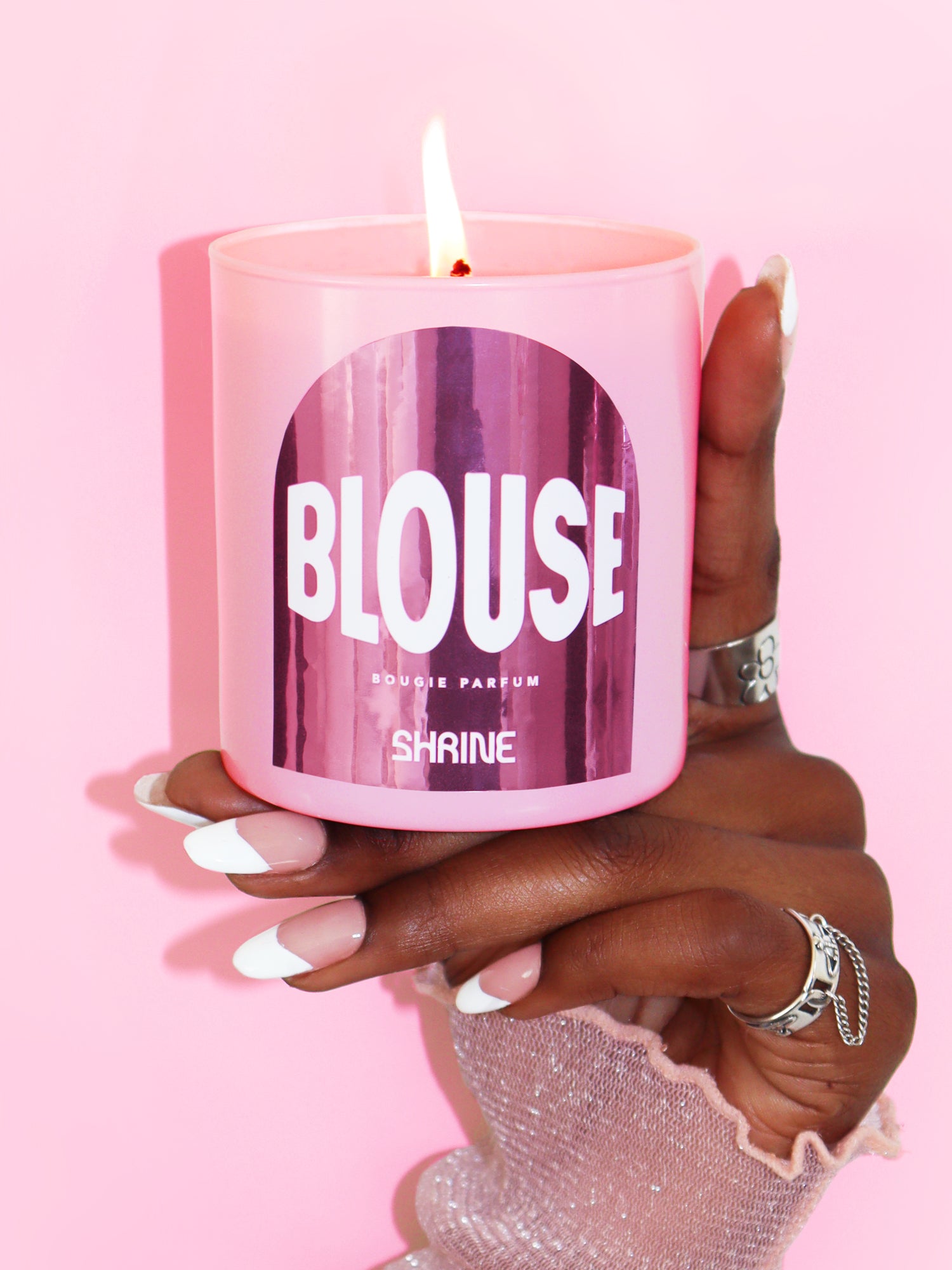 shrine blouse pale pink light pink scented candle with metallic pink label floral candle magazine candle musk candle pink peppercorn candle satin candle shop shrine shopshrine