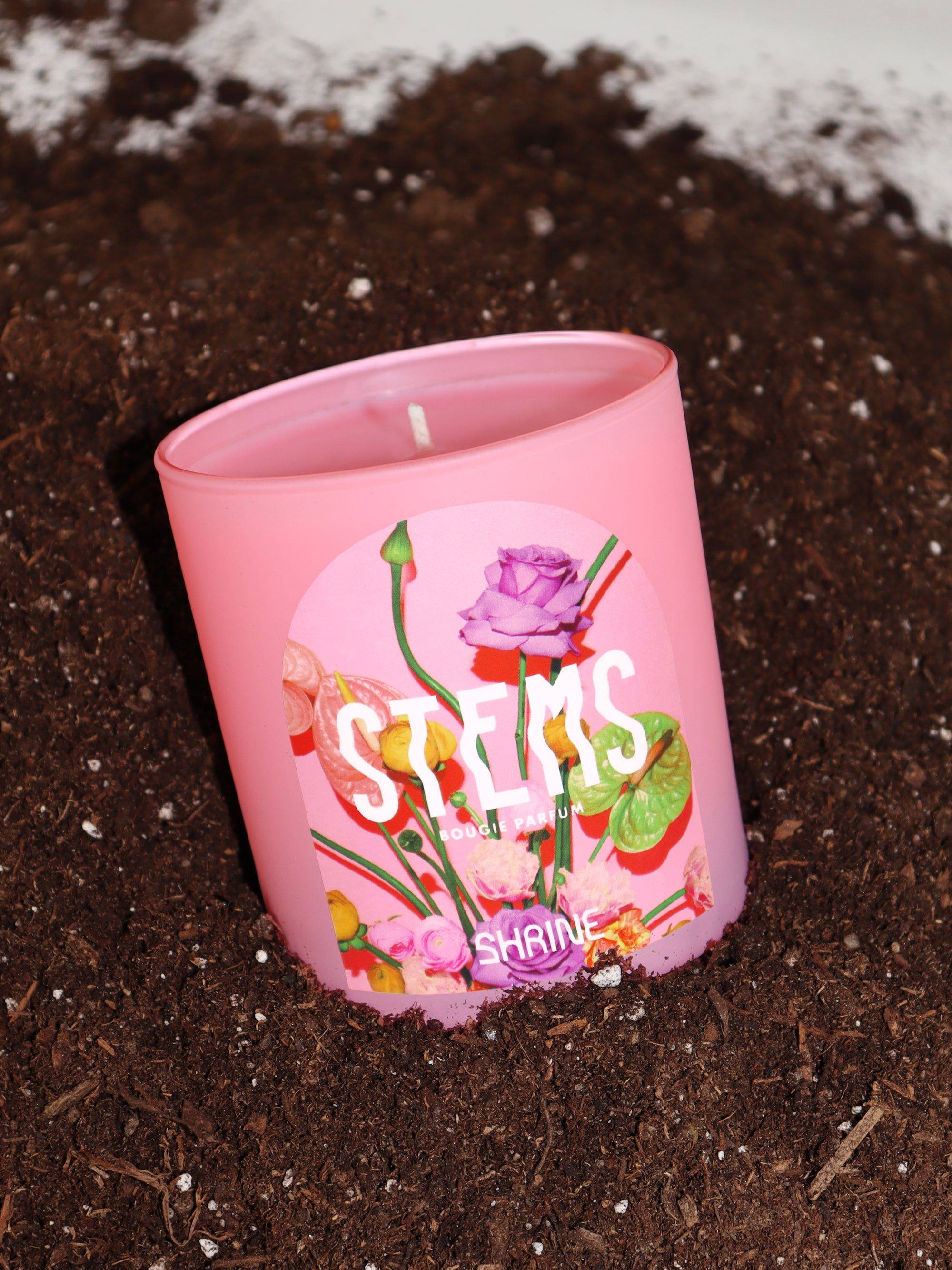 shrine stems pink floral flower candle in dirt shop shrine shopshrine