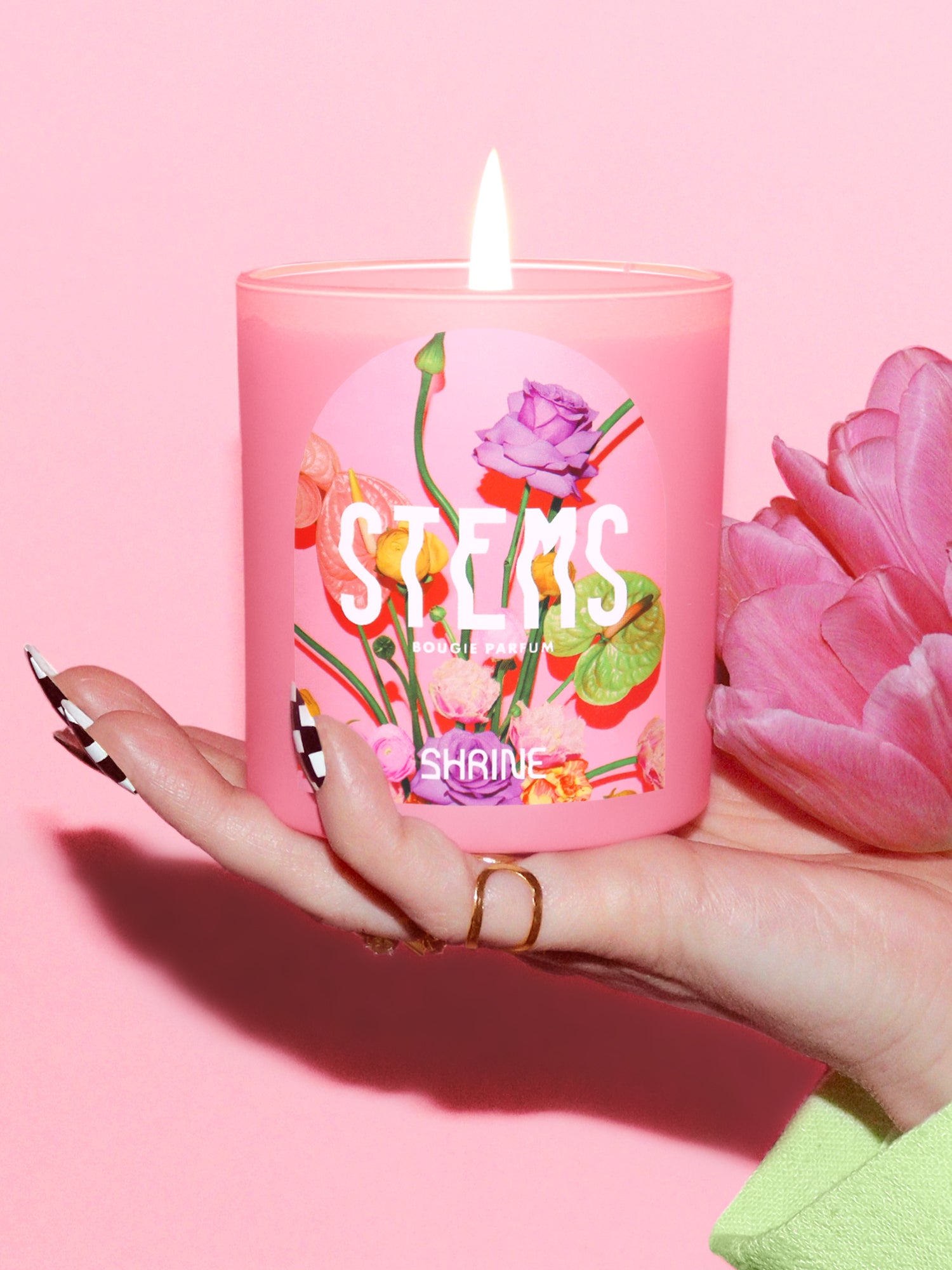 shrine stems pink floral flower candle with black and white checkered nail hands shop shrine shopshrine